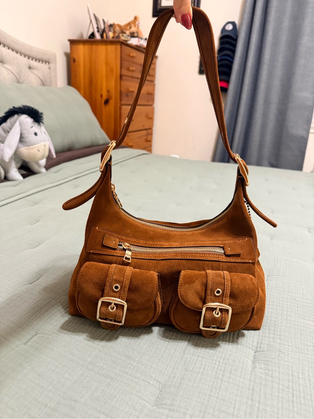 Coach Allison Suede Pocket Shoulder Bag in Warm Brown
